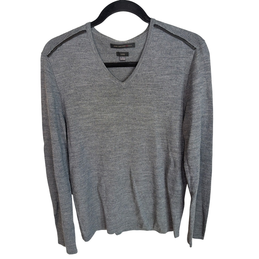 John Varvatos USA Luxe Mens Grey Merino Wool‎ Leather Trim V-Neck Sweater S